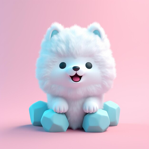 A fluffy white dog sits on four blue cubes.