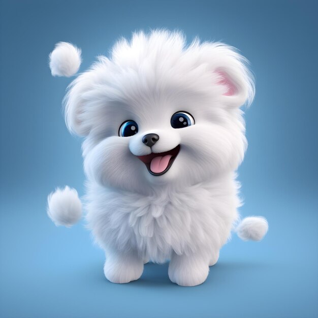 A fluffy white dog with blue eyes is standing on a blue background.