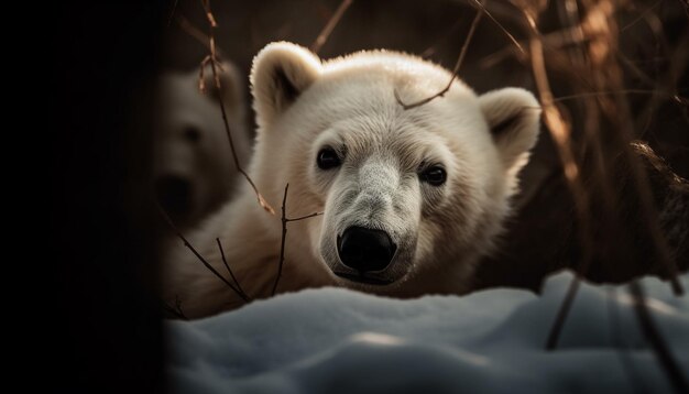 Photo fluffy white fur cute young panda walking in winter forest generated by artificial intelligence