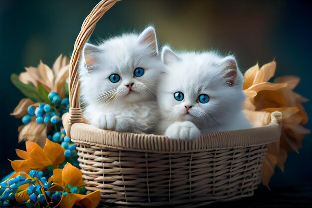 Fluffy white kittens sitting in a wicker basket Generative AI