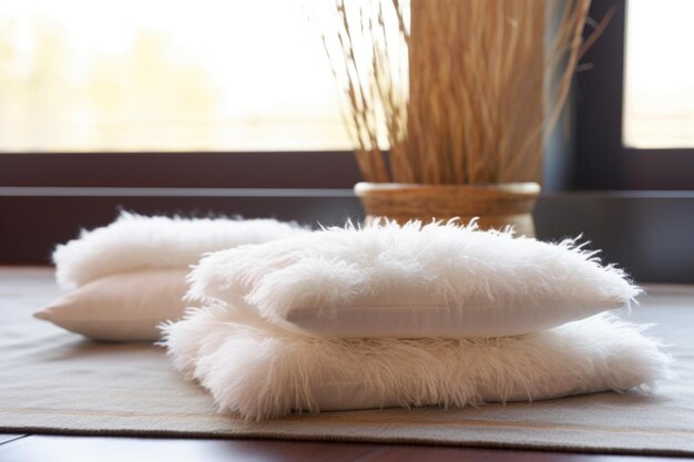 Fluffy white pillows on a meditation mat