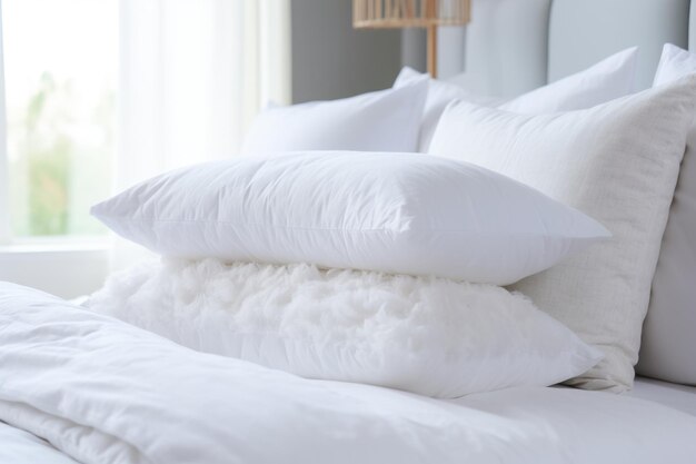 Fluffy white pillows stacked on a wellmade bed