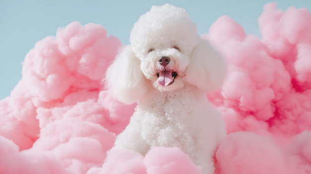 fluffy white poodle sitting among pastel pink clouds gazing at the camera whimsical vibe copyspace