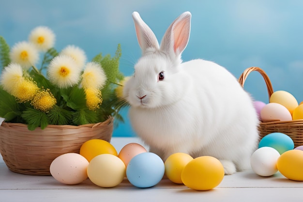 пушистый белый кролик рядом с корзиной пасхальных яиц и цветами мимозы Пасхальная открытка