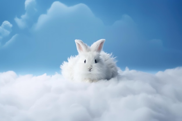 Fluffy white rabbit nestled in soft clouds against a clear blue sky