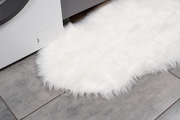 Fluffy white rug in ordinary bathroom mockup design