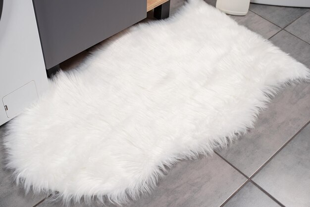 Fluffy white rug in ordinary bathroom mockup design