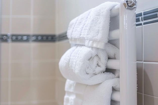 Fluffy white towel warms on sleek radiator in modern bathroom