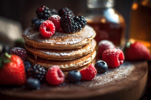 Fluffy wholegrain pancakes with fresh berries and maple syrup