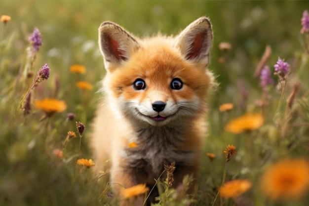 A fluffy wideeyed baby fox with a mischievous grin frolicking through a field of wildflowers