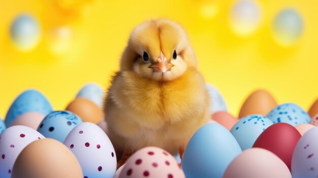 Fluffy yellow baby chick standing in front of colorful Easter eggs