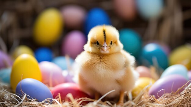 A fluffy yellow chick sitting among colorful eggs in a bed of straw