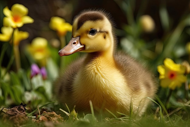 Fluffy yellow duckling amidst grass and strawberry blooms in the garden