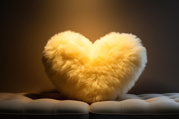 写真 照らされた背景のソファにふわふわの黄色い毛皮の心臓