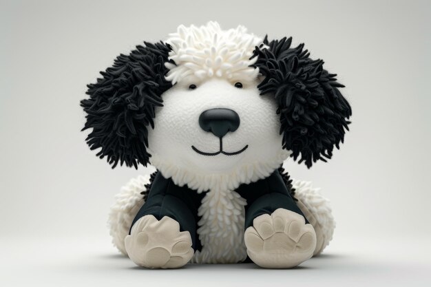 Fluffy zwarte en witte hond op een witte achtergrond Fluffy speelgoed in de vorm van een hond