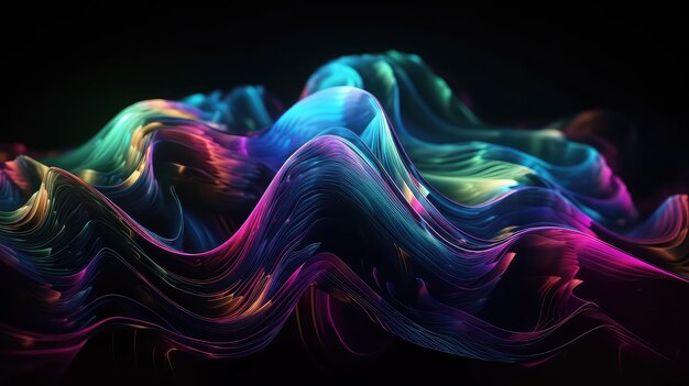 流体 3 d レンダリング ホログラフィック 虹色 ネオン 曲がった 波 モーション 暗い 背景 世代