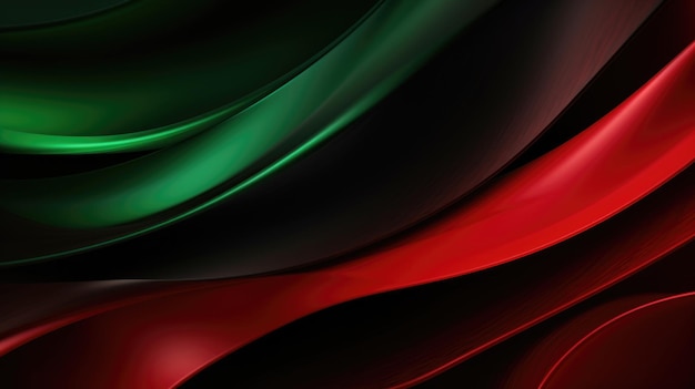 鮮やかな緑と赤の流動的抽象芸術と輝く黒の巻き