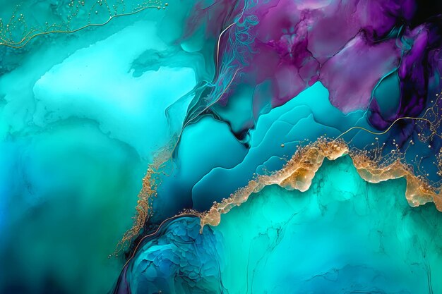 Fluid Art Liquid jade green blue and purple waves Generative AI illustration