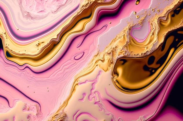 Fluid Art Liquid pink cream and metallic gold waves and swirls Generative AI illustration