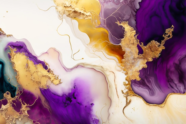Fluid Art Жидкие фиолетовые чернила и золотые металлические абстрактные капли и волны Генерирующая иллюстрация AI