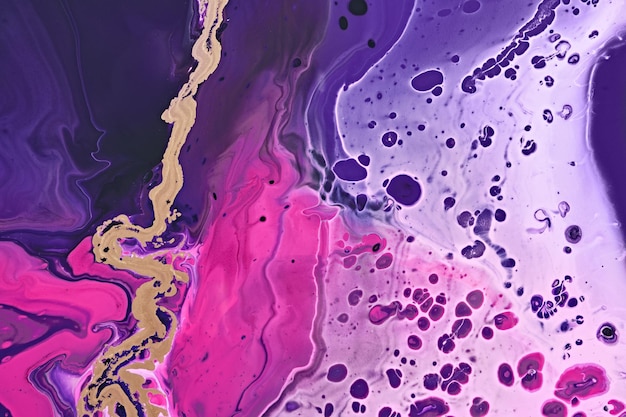 Fluid Art Metallic gold abstraction and bubbles on purple waves Marble effect background or texture