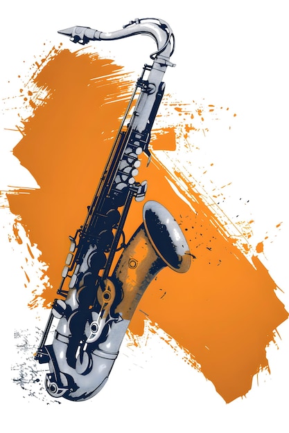 Foto pittura in stile fluid art di un sassofono su sfondo arancione