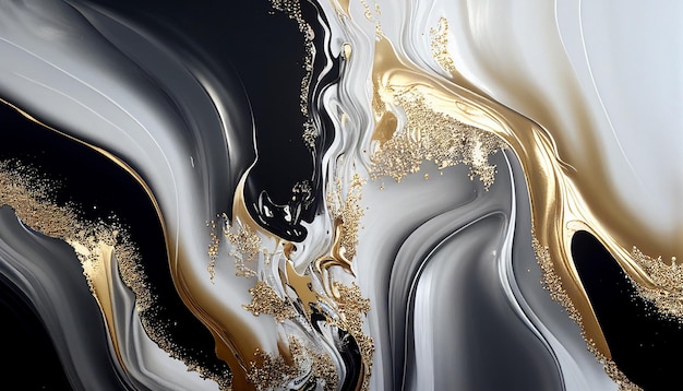 Fluid art texture Abstract backdrop with mixing gold white and black paint effect acrylic artwork generative ai