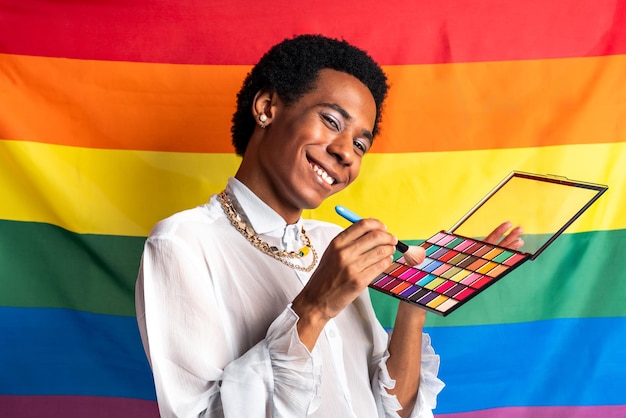 Fluid gender hispanic latin black man posing in studio with fashionable clothing concepts about lgbtq genderless and diversity