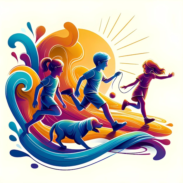 fluid image with bright colors of children and a running dog