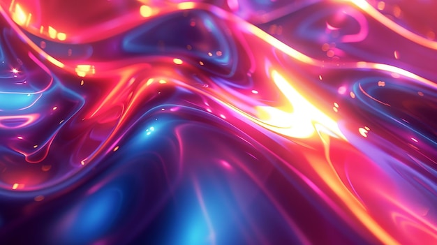 Fluid liquid glass curved wave in motion 3d render with dark holographic background and iridescent neon colors Gradient design element for banners backgrounds wallpapers and covers