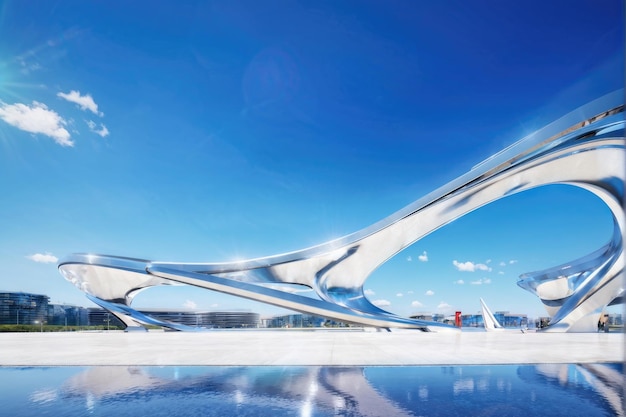 파란 하늘에 대한 유동 금속 미래주의 조각 건축