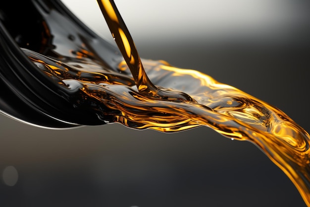Автомобильное масло для перекачки жидкости, вылитое из черной бутылки на фоне белой изоляции