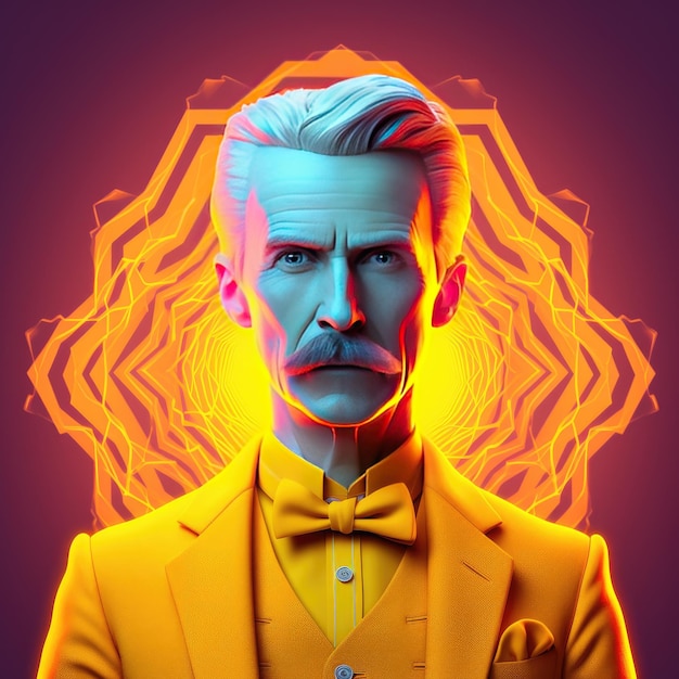 Fluorescent Fusion Unleash the Stylish Cinema 4D Avatar of Nikola Tesla with Vibrant Colors and Con