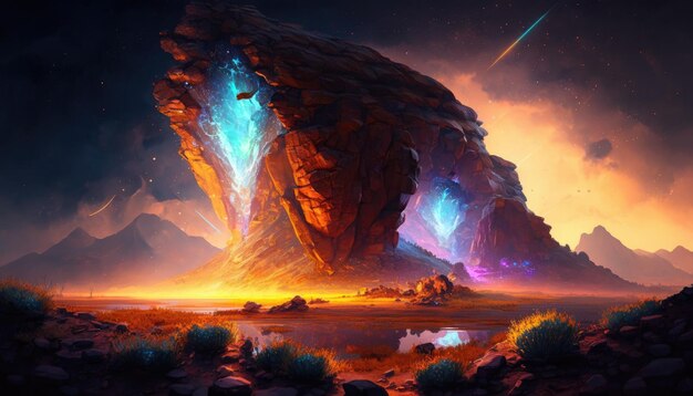 Fluorescent Mystic Rock in a Fantastical Landscape Generative AI