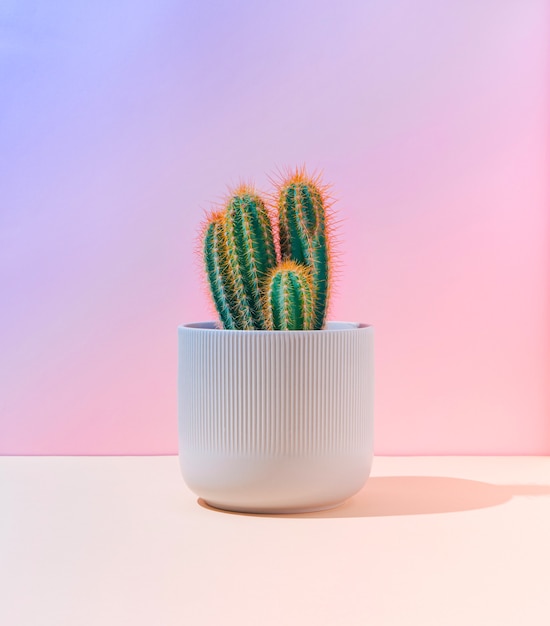 Fluorescent neon cactus on pastel pink and blue gradient background. Minimal creative scene. Nature concept.