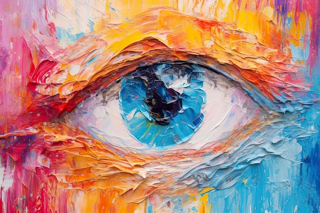 Картина маслом из флюорита Концептуальное абстрактное изображение глаза Картина маслом в ярких цветах Концептуальный абстрактный крупный план картины маслом и мастихина на холсте Генеративный AI