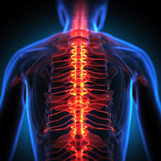 인간 척추의 플루오로그래피는 빨간색과 오렌지색으로 통증을 시각화합니다.
