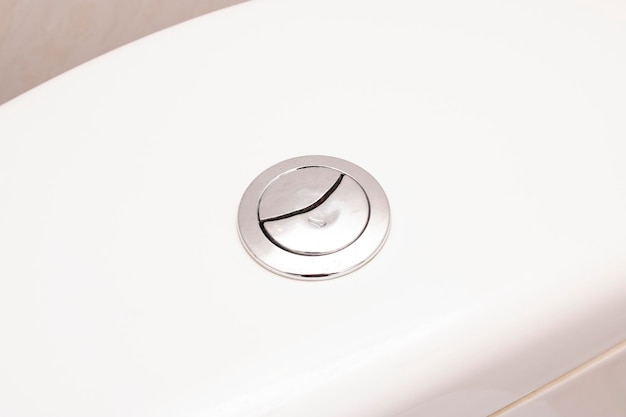 Flush button on a white toilet closeup