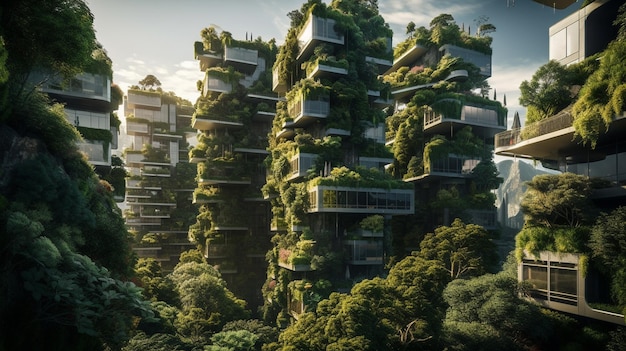 未来の緑の街 - 高層ビルが垂直庭園として使用され都市の炭素排出量を減らす