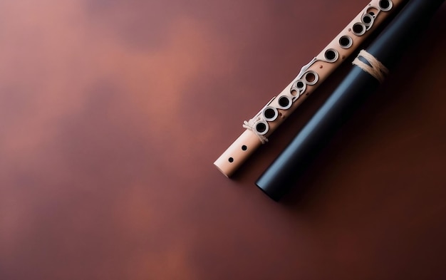 A flute on a brown background with the word music on it.