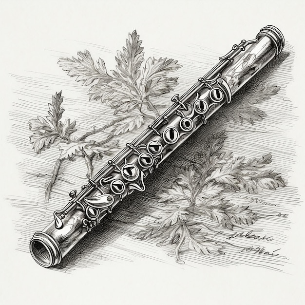 Flute musical instrument classical music vintage retro black and white drawing engraving style