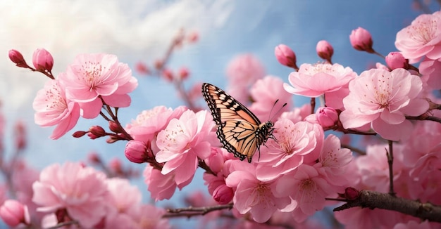 Flutterende schoonheid Roze bloemen voorjaarsvlinder