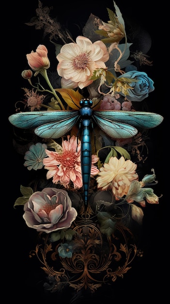 Fluttering Gardens Dragonfly and Multicolor Floral Symphonies