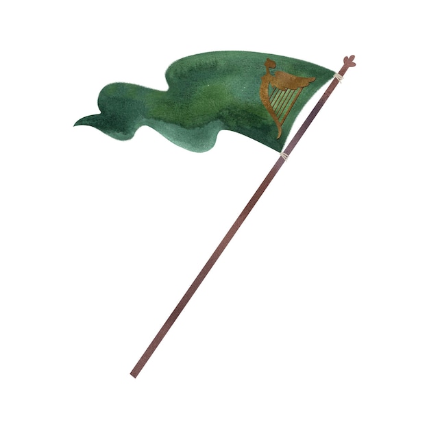Foto una bandiera verde sventolante su un lungo palo bandiera vintage dell'irlanda illustrazione ad acquerello isolata