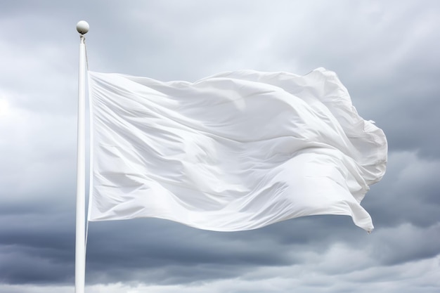 Foto una bandiera bianca che sventola contro un cielo tempestoso isolato su uno sfondo bianco