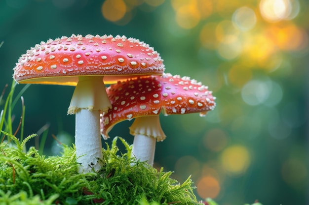 Fly agaric macro photo Beautiful whitespotted fall mushroom with red cap