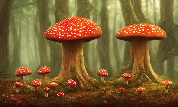 I funghi volanti dell'agarico crescono in una radura della foresta favolosi funghi magici in una foresta oscura fantastico paesaggio del paese delle meraviglie per la fiaba illustrazione 3d di alice nel paese delle meraviglie