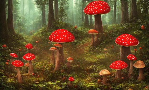 비행 agaric 버섯은 숲을 청소하는 숲에서 자랍니다. 어두운 숲의 멋진 마법의 버섯 동화 이상한 나라의 앨리스 3d 그림에 대한 환상적인 원더랜드 풍경