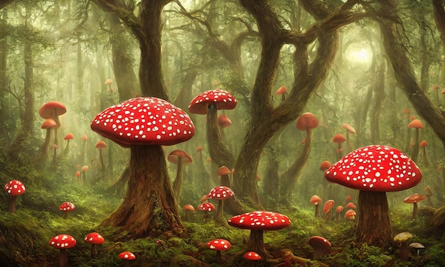 Fly agaric mushrooms grow in a forest clearing Fabulous magic mushrooms in a dark forest Fantastic wonderland landscape to the fairy tale Alice in Wonderland 3d illustration