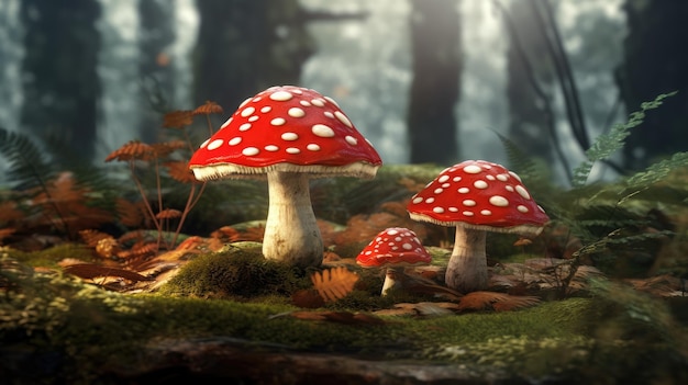 Fly agaric mushrooms growing on forest floor created with Generative AI technology